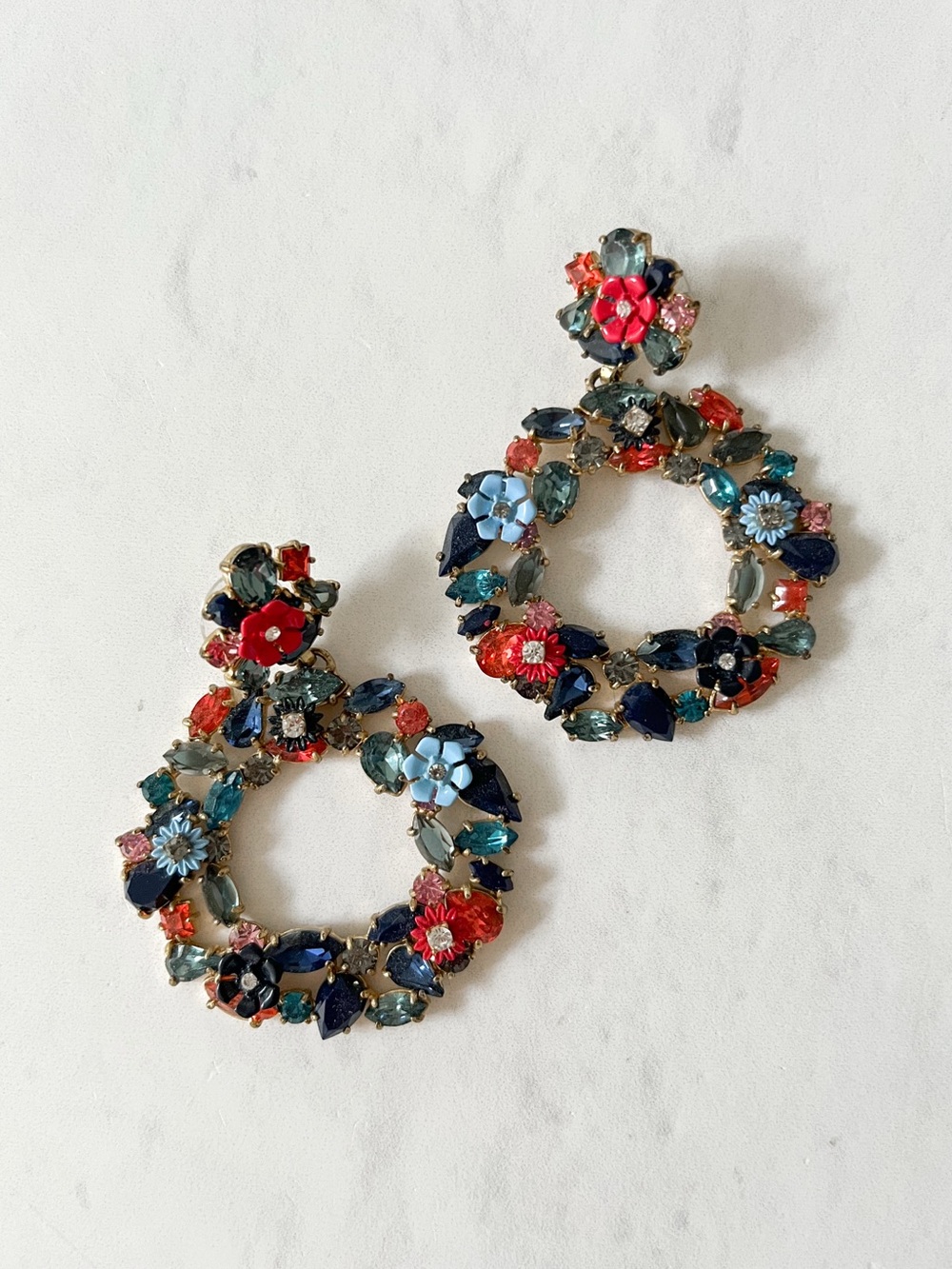 J.Crew Colorful Floral Hoop Wreath Statement Earrings Crystal Multi Drop G3346